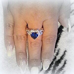 Heart for Jerusalem Deep Sapphire Blue Cz 18K White Gold Plated Cocktail Ring 7